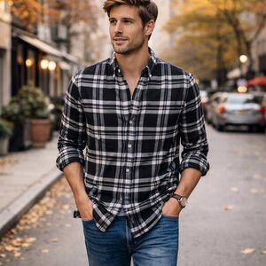 Ralph Lauren Slim Fit Flannel Shirt Black White Plaid Button Down Large